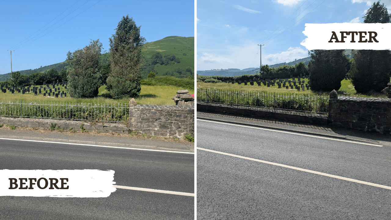 Weeding Before and after picture from a garden tidy project in Machynlleth
