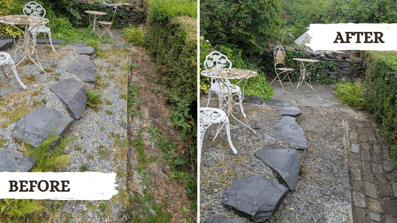 Weeding Before and after picture from a garden tidy project in Machynlleth