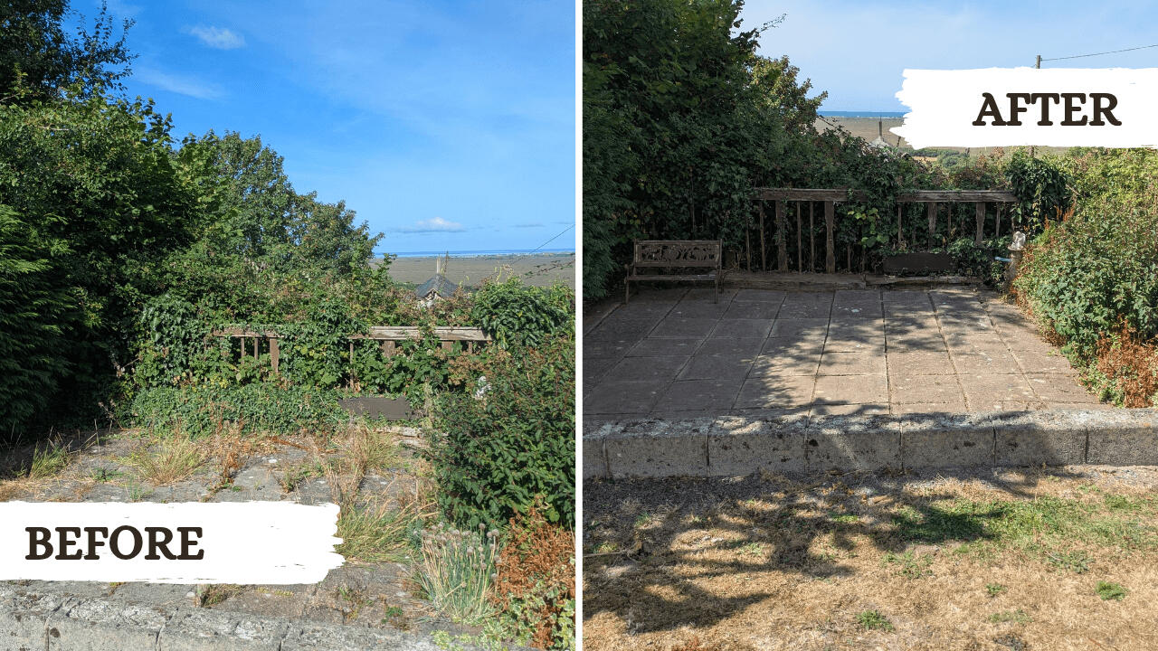 Weeding Before and after picture from a garden tidy project in Machynlleth